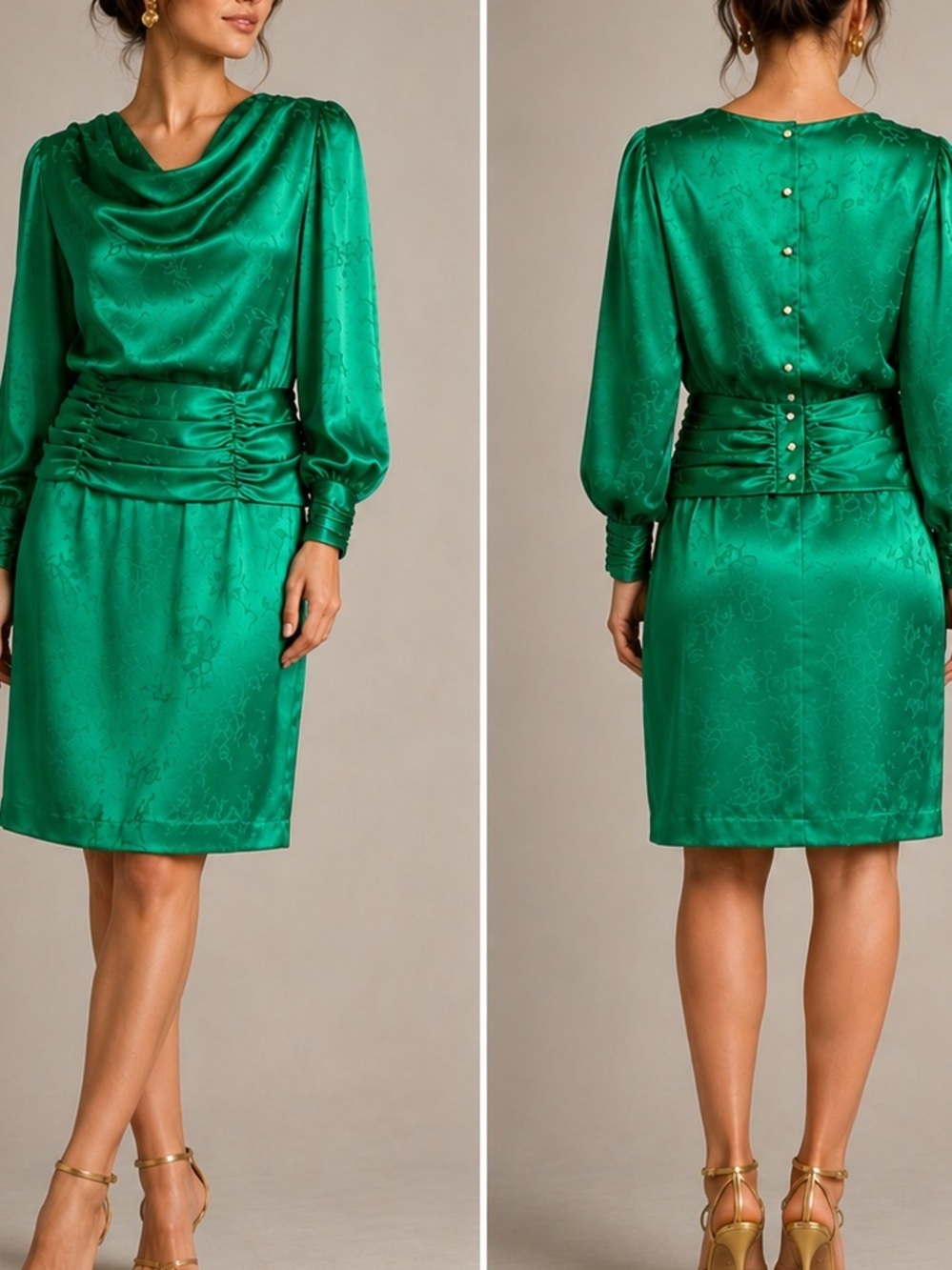 Vintage kelly green silky 2 piece skirt set stunning Size 6P